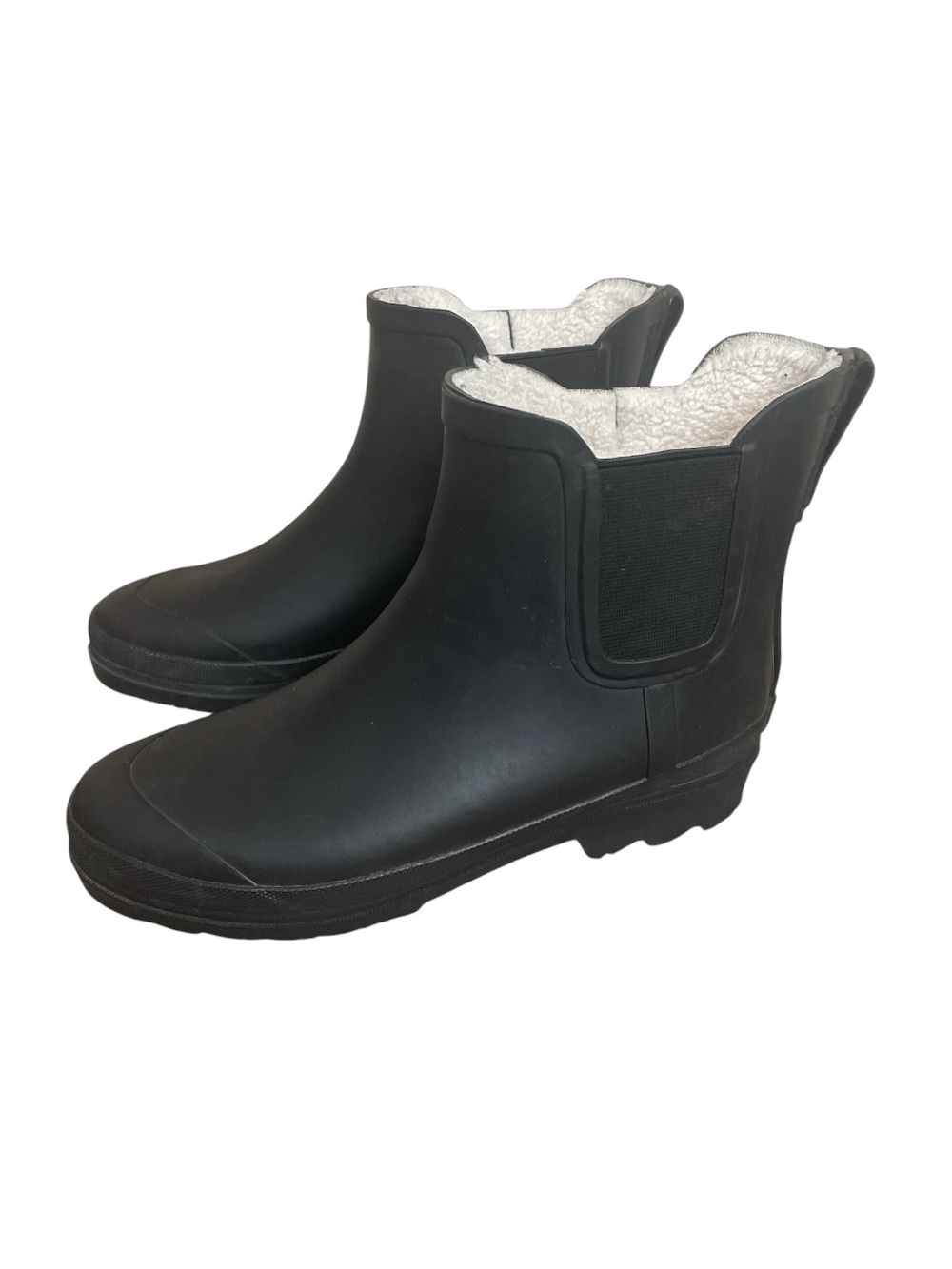 J.Crew Matte Black Rubber Chelsea Rain Boots Faux Shearling Lined Ankle Size 8